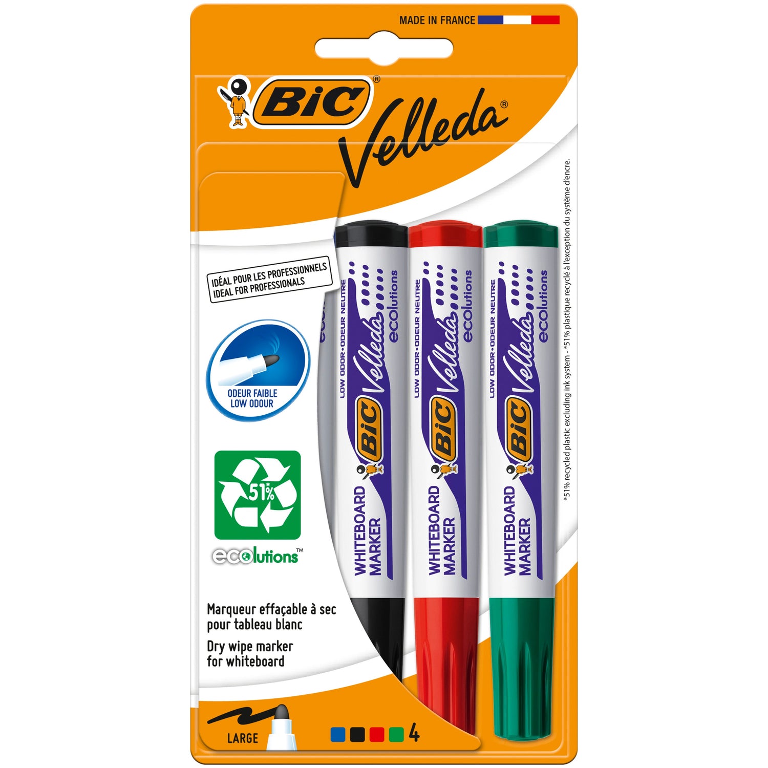 Marcador Velleda Permanente de Tinta Azul, Preta, Vermelha e Verde Bic
