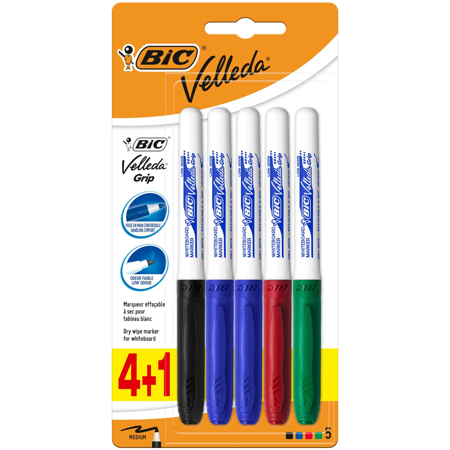 Marcadores Velleda Grip de Tinta Azul, Preta, Vermelha e Verde Bic
