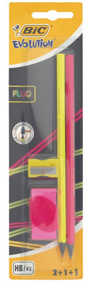 Conjunto 2 Lápis Grafite Fluo + Afia + Borracha Bic