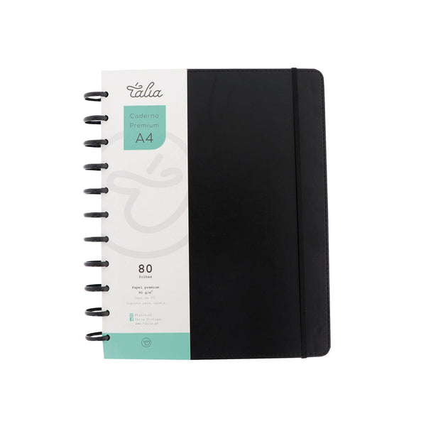 Caderno Smart A4 com Elástico e Suporte Esferográfica 80 Folhas Pautado Preto Talia