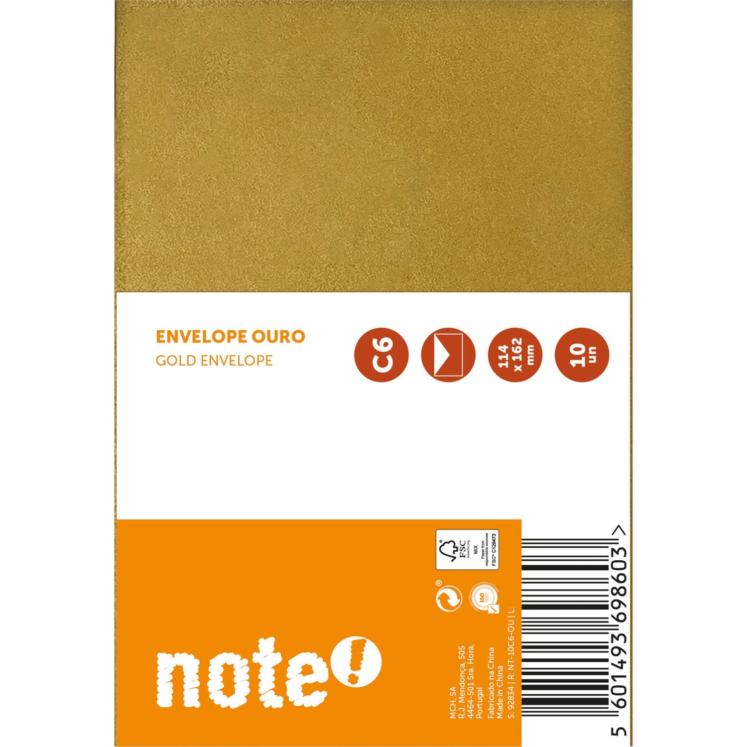 Envelope C6 Dourado 114x162cm Note!