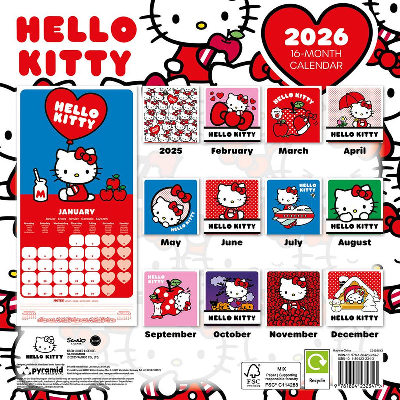 Calendário Quadrado 2026 - Hello Kitty