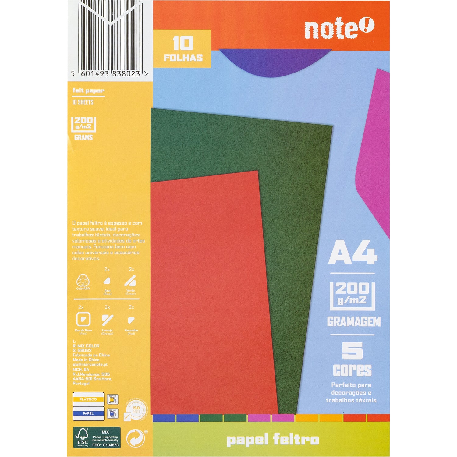 Papel Feltro Formato A4 10 Fl Sortido Note!
