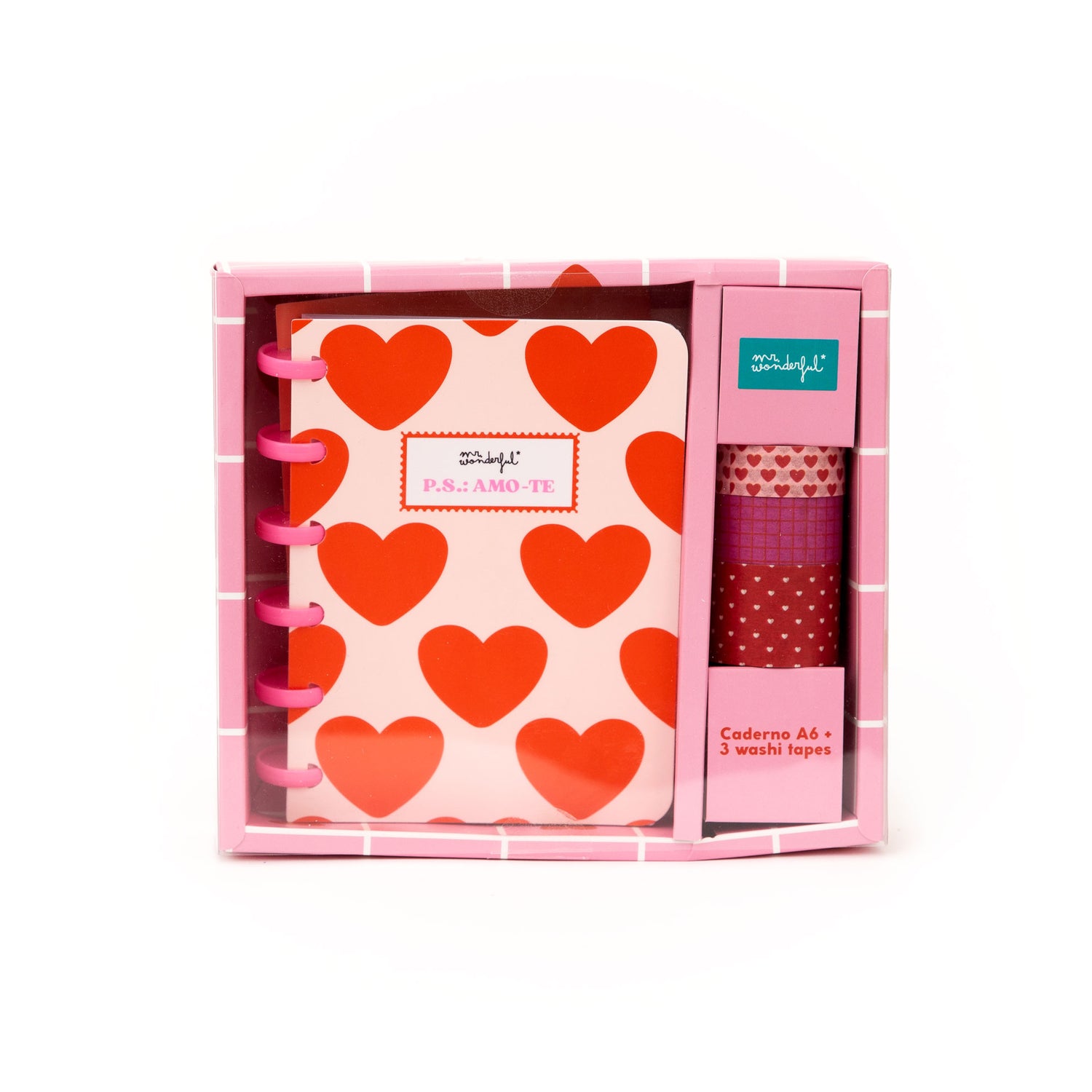 Conjunto Caderno A6 + 3 Washi Tapes - Amo-Te