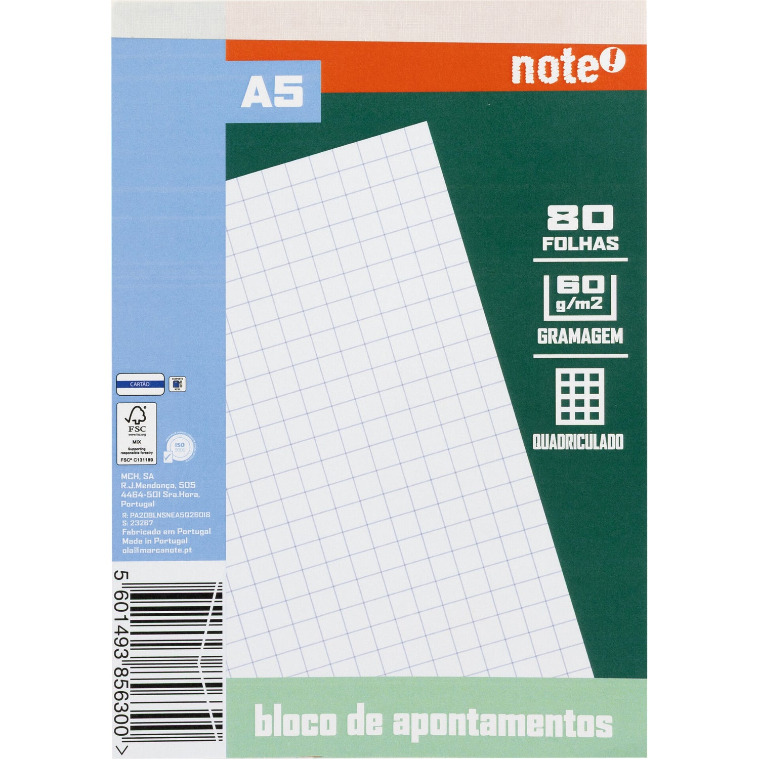 Bloco de Apontamentos A5 Quadriculado Note!
