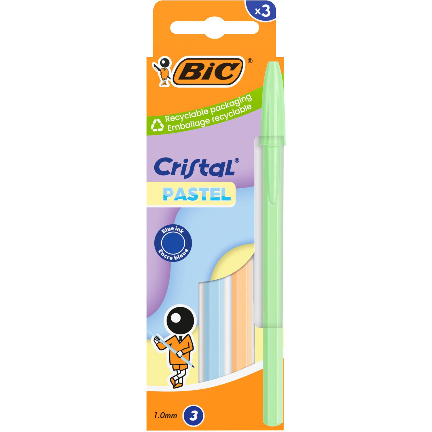Esferográfica Cristal Pastel Az+Lr+Vd 3 Unidades Bic