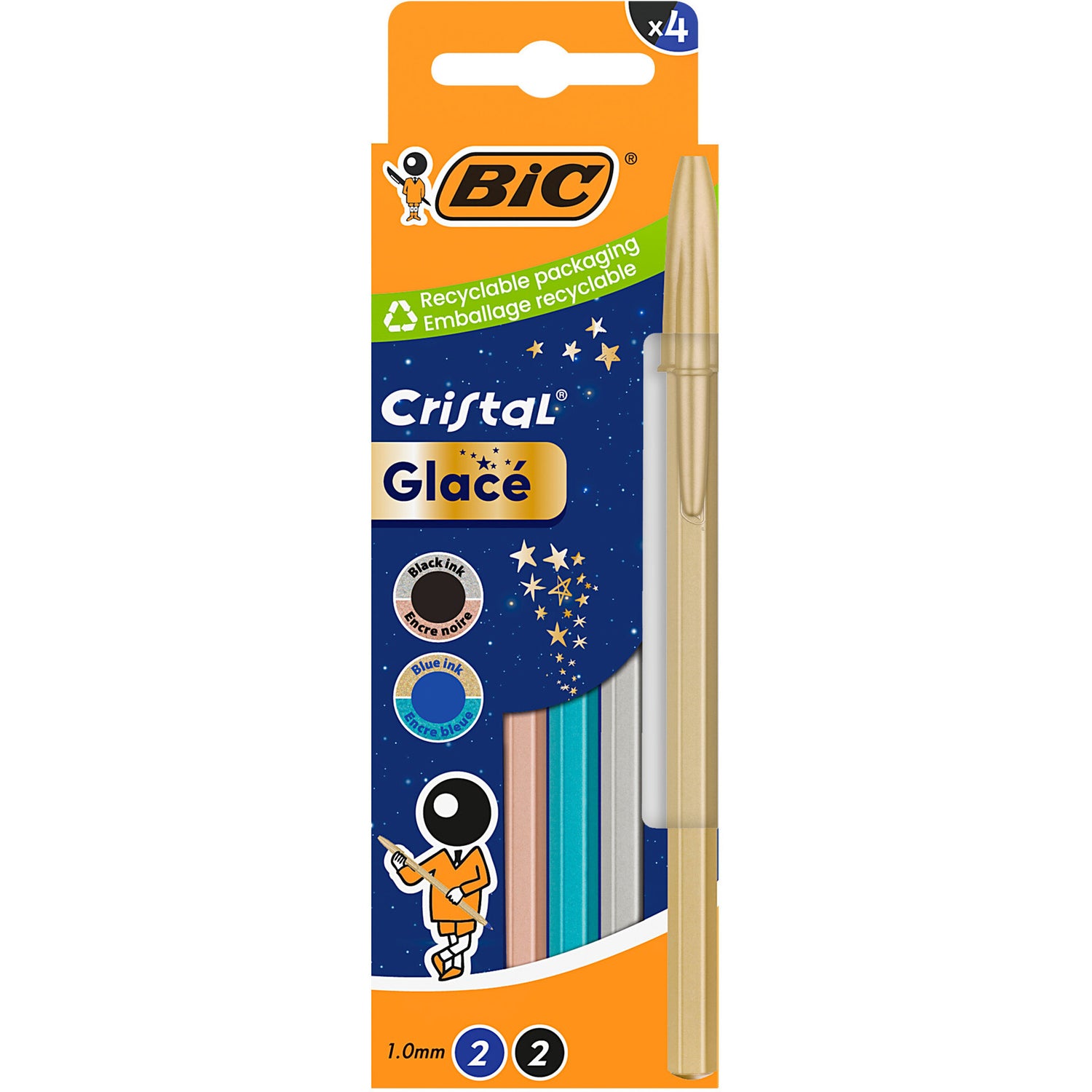 Esferográfica Cristal Glacé Az+Rs+Ouro+Prata 4 Unidades