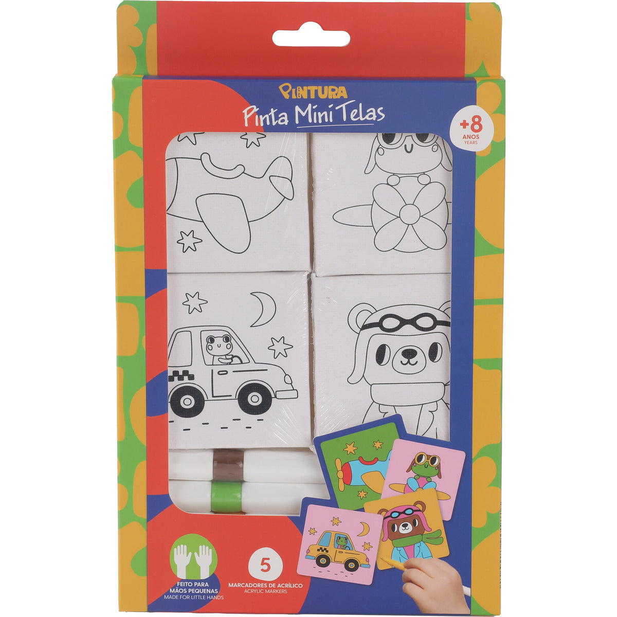Conjunto 4 Mini Telas + 5 Marcador Acrílicos